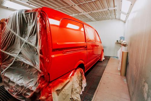 Red,Van,In,Paint,Booth.,Car,Workshop,Details,,Painting,Of
